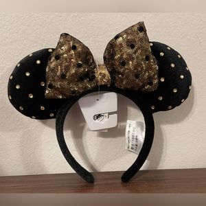 Disney Parks Minnie Mouse Ears Black Velvet with Gold Gems Sequins
